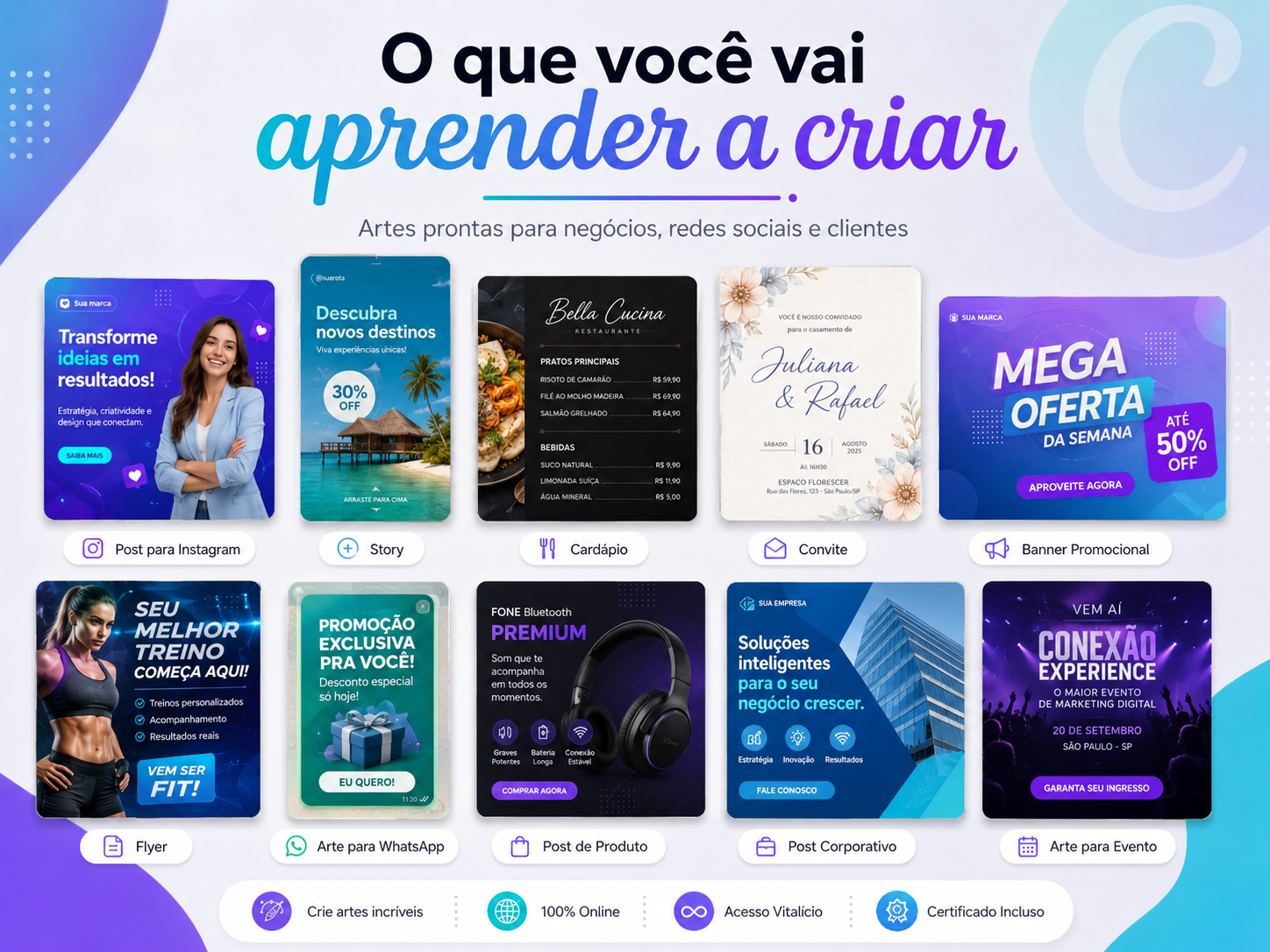 Grade de exemplos de artes criadas no Canva