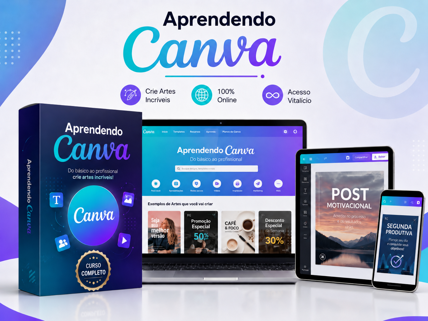 Mockup do curso Aprendendo Canva em laptop e celular
